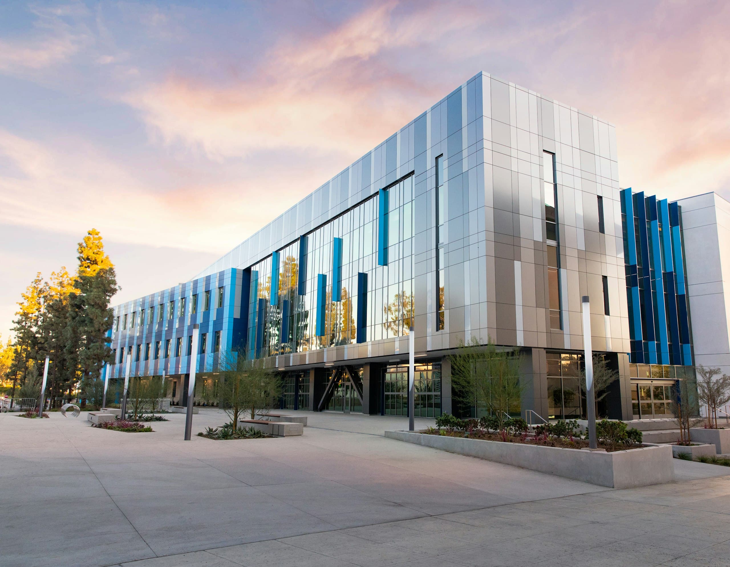 Glass and steel offices of Kestrel Campus at sunset